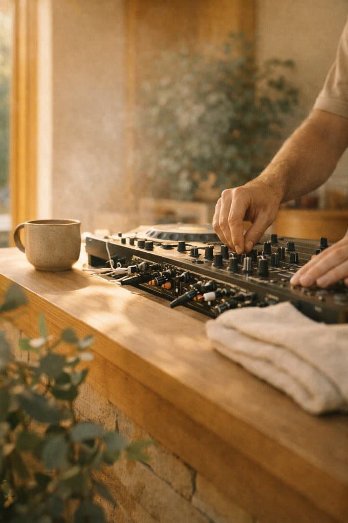 DJ controller at golden hour, a mug beside it