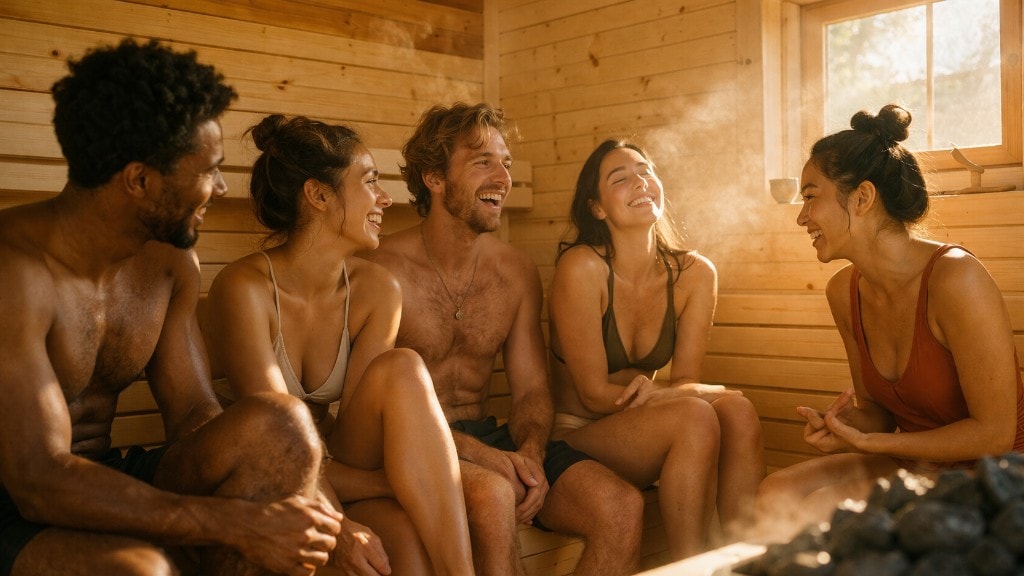 Five friends talking in a sauna in warm light and steam