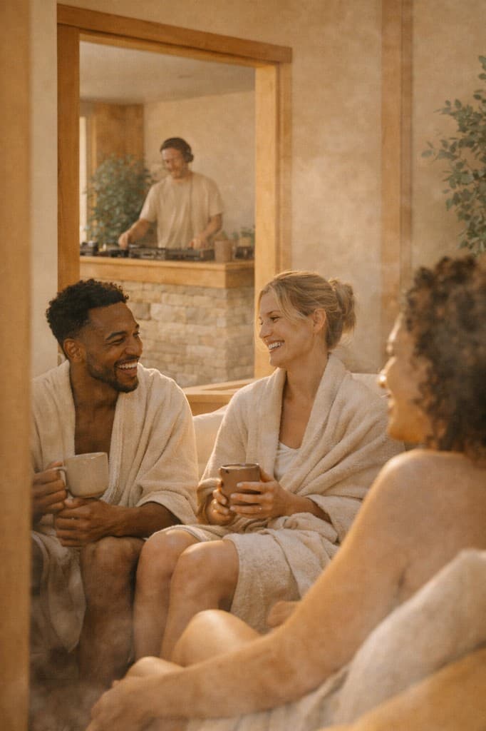Three friends in robes at a doorway, a DJ in the background