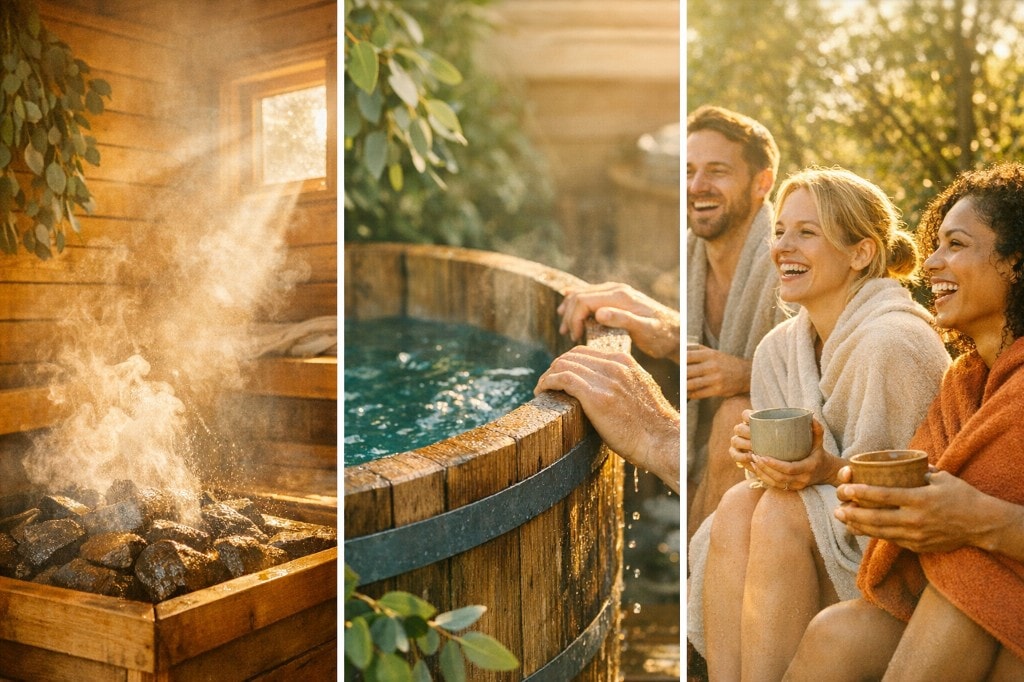Tríptico: sauna com vapor, tina de madeira ao ar livre e amigos de robe